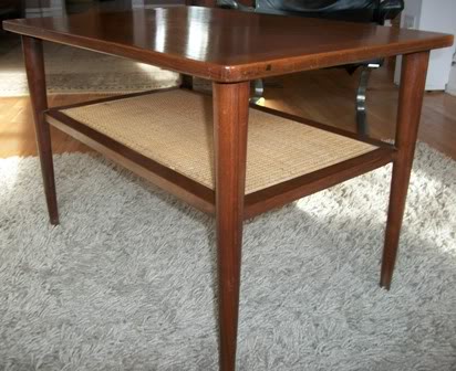 Mid-century side table w/cane shelf, $40.