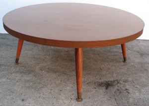Round mid-century coffee table + 2 end tables, $90.