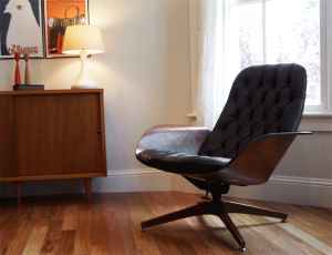 Mid-century walnut & leather chair, $200.