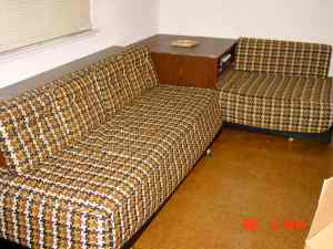 Mid-century sofas/beds + corner table, $100.