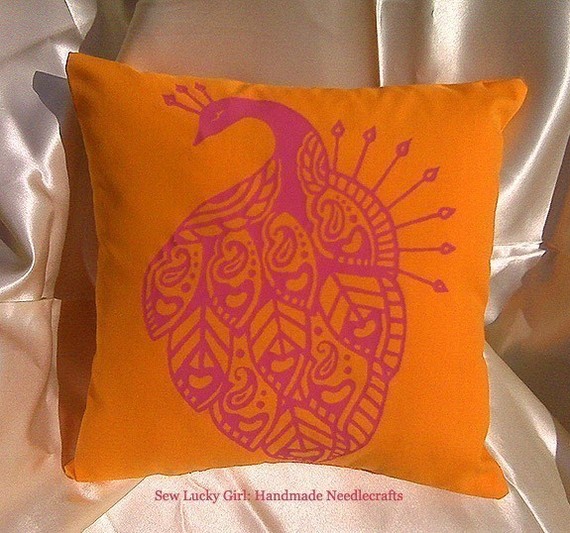 Silkscreened Peacock Pillow, by Sew Lucky Girl. $30, on sale.