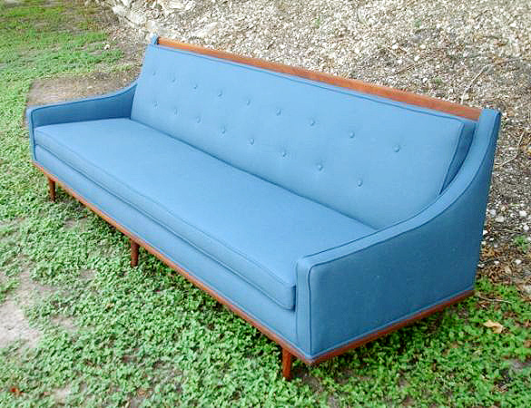 Pristine blue mid-century sofa, $1400.