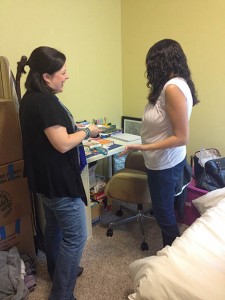 IMG_5748 Room Fu Decorologist Claire Patrick chats with Neesha D., winner of our Guest Room Giveaway.