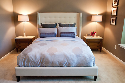 Soothing and serene lavender and taupe master suite in Austin, TX. Designed by Room Fu - Knockout Interiors.