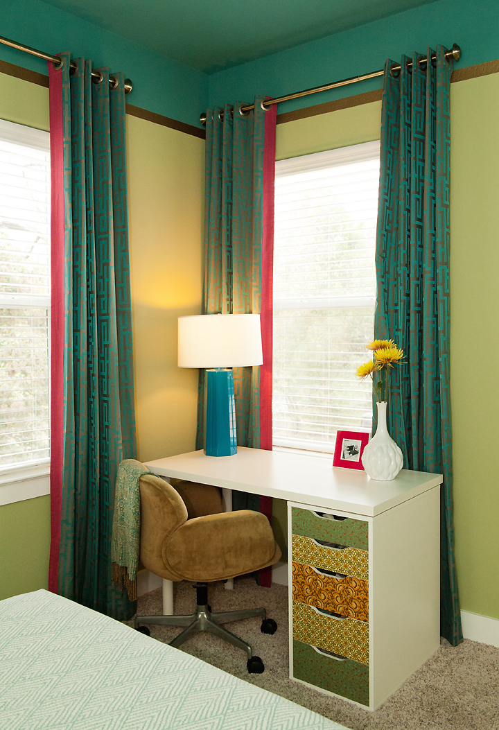 corner-shot-desk-curtains teal turquoise pink white lime greek key