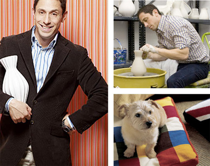 Jonathan Adler poses with one of his vases, at the potter's wheel, and his dog, Liberace.