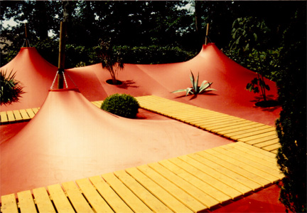 Spandex stretches to create a unique (and pink) ground cover in this exhibit at the International Garden Festival in the Loire Valley in France.