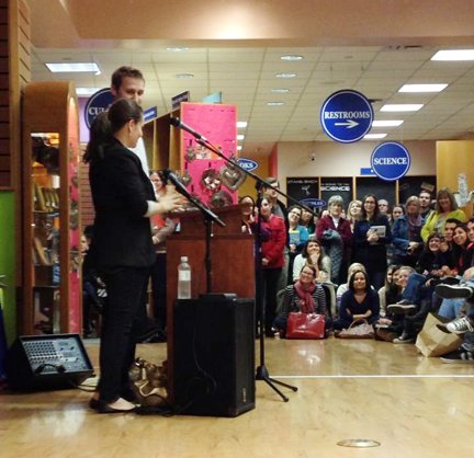 Sherry and John Petersik of Young House Love DIY home decorating blog and book engage with the audience at a book signing at BookPeople in Austin, TX.
