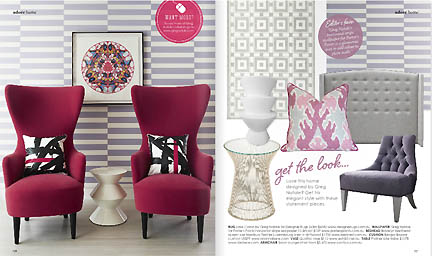 Lavender wallpaper, modern red chairs and sophisticated design are featured in this dining room spread in the Feb/Mar 2013 issue of Australia's online home decor magazine, Adore.
