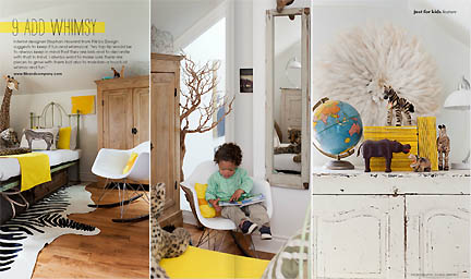 This modern kid bedroom, featuring natural elements and pops of yellow against white walls and furniture is featured in the Feb/Mar 2013 issue of Australia's online home decor magazine, Adore.