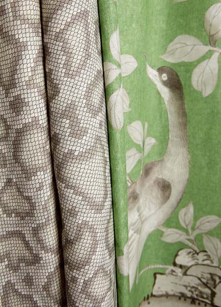 Mary McDonald's Park Avenue Python fabric from Schumacher features a snakeskin print in gray/grey tones.