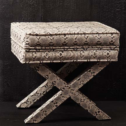 Modern snakeskin X bench or ottoman by Two's Company, featured in Elle Decor.