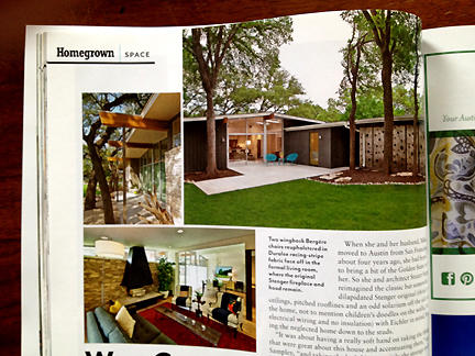 Modern mid-century home in Austin, TX, featured in the spring 2013 issue of Austin Home Magazine.
