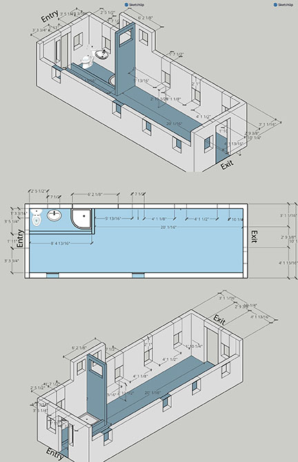 clients original proposal for interior spaceplan of train caboose tiny house conversion with bathroom small shower