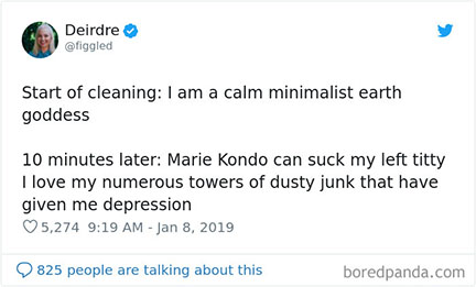 Tweet by Deirdre @figgled regarding Marie Kondo