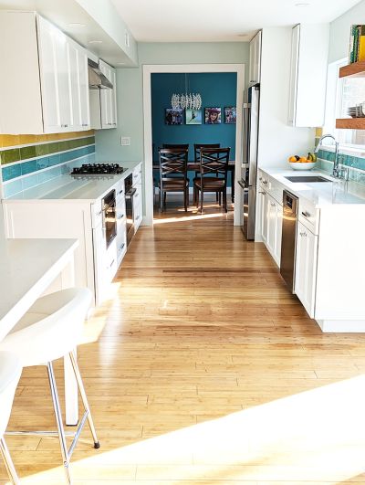 Colorful galley kitchen remodel in Austin, TX, designed by Room Fu - Knockout Interiors.